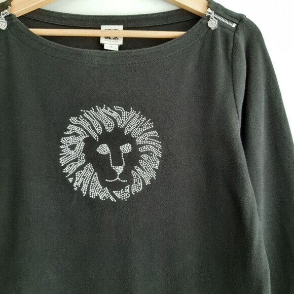 ANNE KLEIN / Micro Gem Studded Lion Logo Boat Neck Black Tee Sz S - Picture 5 of 11